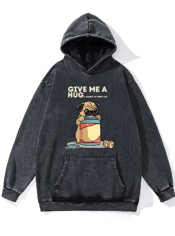 Hoodie-White-GIVE ME A HUGE SCOOP OF PROTEIN PUG DOG Washed Gym Hoodie