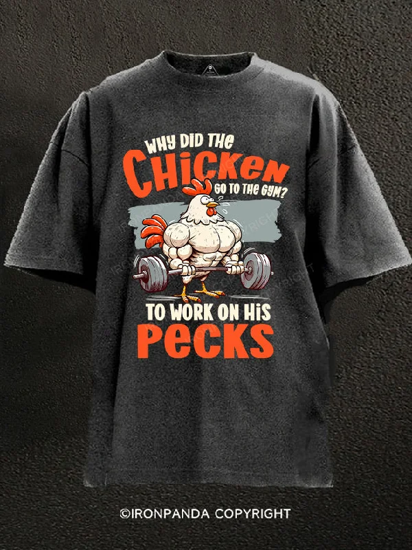 T-Shirt-Camping-Chicken Lover Fitness Why Did The Chicken Go To The Gym Washed Gym Shirt