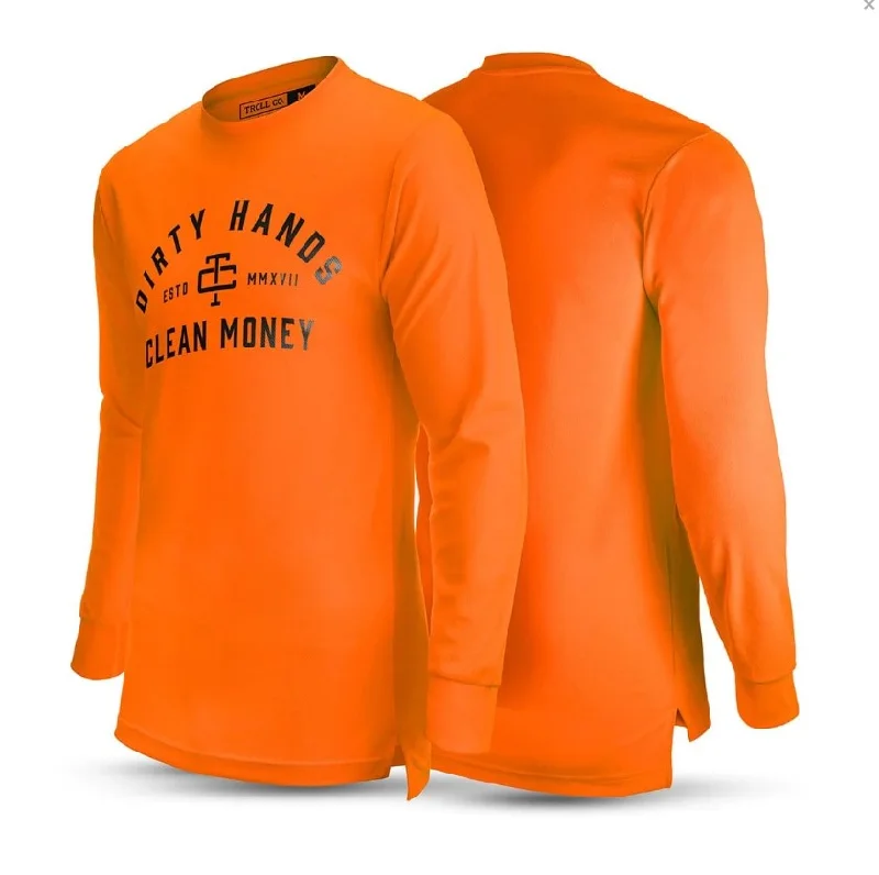 Long-Sleeve-Recycled-Troll Co. Men's "Dirty Hands Clean Money" O.G. Long Sleeve Wicking T-Shirt_Bright Orange