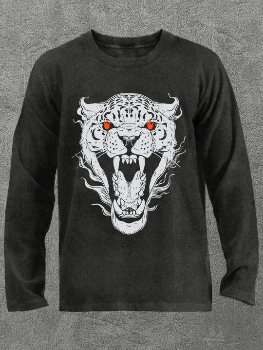 Long-Sleeve-Minimalist-fierce leopard head Washed Gym Long Sleeve Shirt