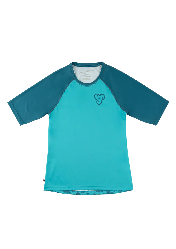 Long-Sleeve-Organic-Sombrio Alder 2 3/4 Sleeve MTB Jersey - Womens - Mushroom-Boreal Blue-Skyline Blue