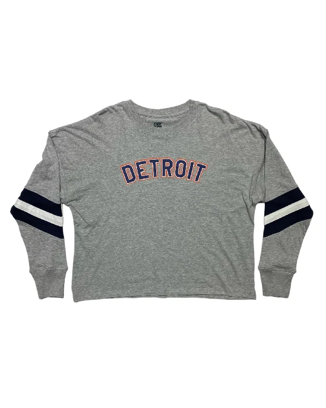 Long-Sleeve-Orange-Ink Detroit - Orange & Navy Print Ladies Boxy Varsity Long sleeve