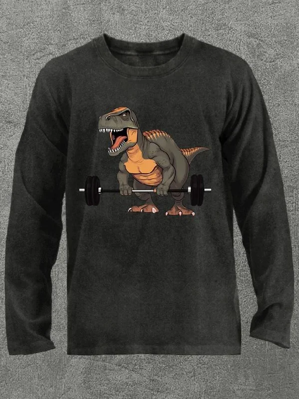 Long-Sleeve-Rugged-weighlifting dinosaur Washed Gym Long Sleeve Shirt