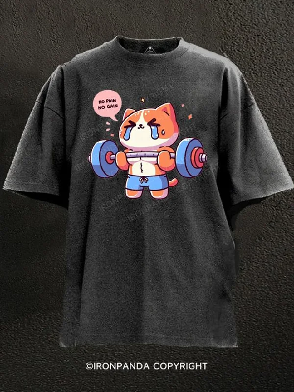 T-Shirt-Workwear-No Pain No Gain：Muscle Cat Washed Gym Shirt