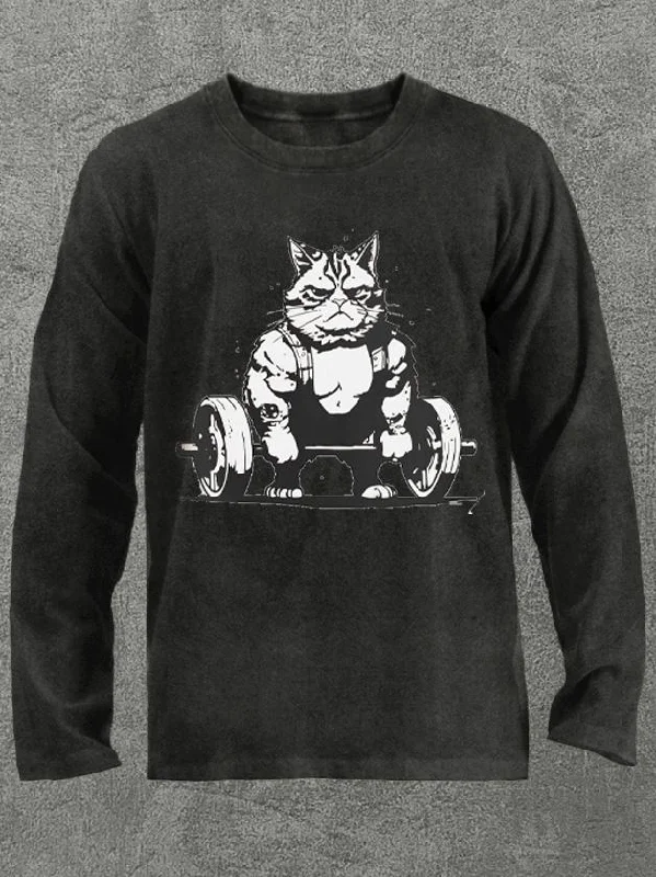 Long-Sleeve-Waterproof-weightlifting cat  Washed Gym Long Sleeve Shirt