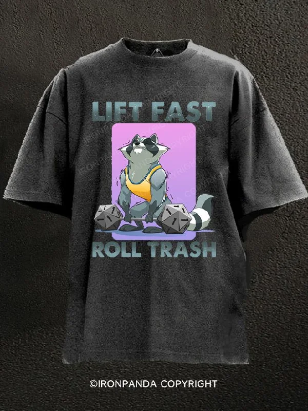 T-Shirt-Casual-Lift fast roll trash Raccoon Washed Gym Shirt