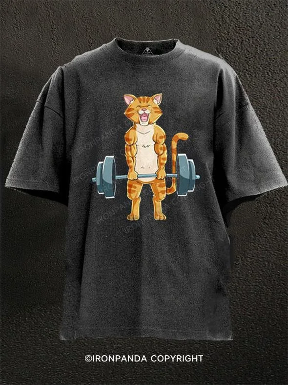 T-Shirt-Regular-Fit-Cat Weightlifting Washed Gym Shirt