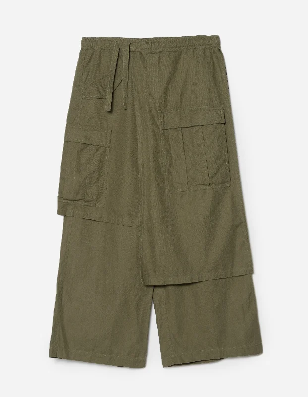 Pants-Straight-Leg-4588 Asym Cargo Hakama Pants Olive OG-107F