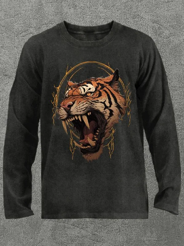 Long-Sleeve-Gothic-Fierce tiger head Washed Gym Long Sleeve Shirt